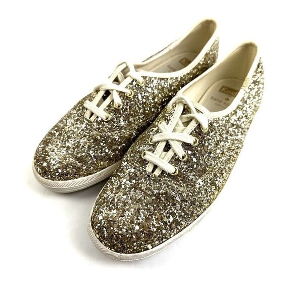 Keds For Kate Spade 7 Gold Glitter Platinum Lace Up Shoes Womens - Picture 9 of 9